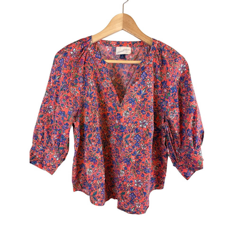 Universal Thread Floral V Neck Blouse Top Women M 3/4 Sleeve Puff Shoulder